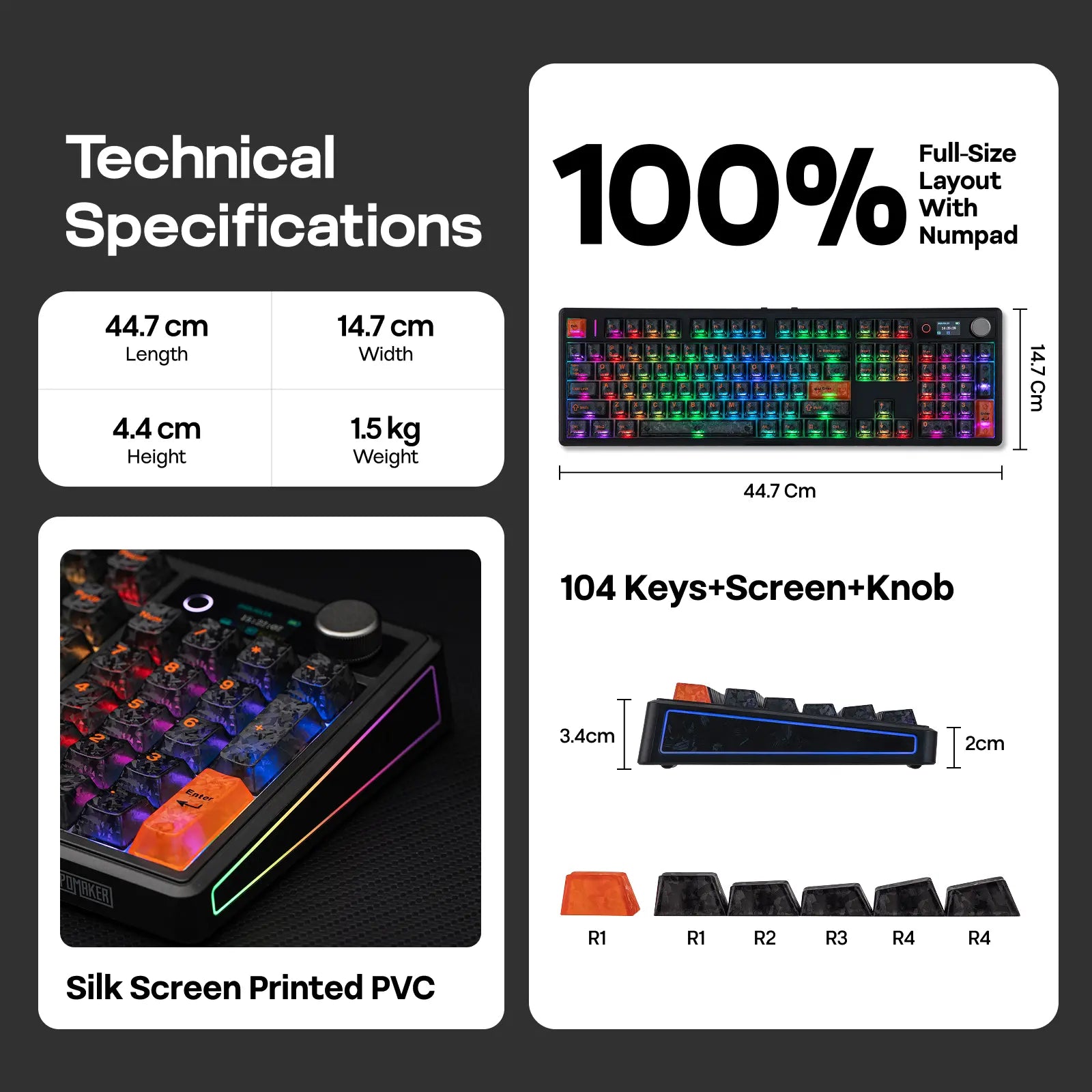 EPOMAKER TH108 V2 PRO Full Size Mechanical Keyboard with Screen & Knob, 10000Mah, Bt/2.4Ghz, Mac Modifier PBT Keycap, Hot Swap, RGB Light, 5-Padding Gasket, Wireless Gaming Keyboard for Mac/Pc