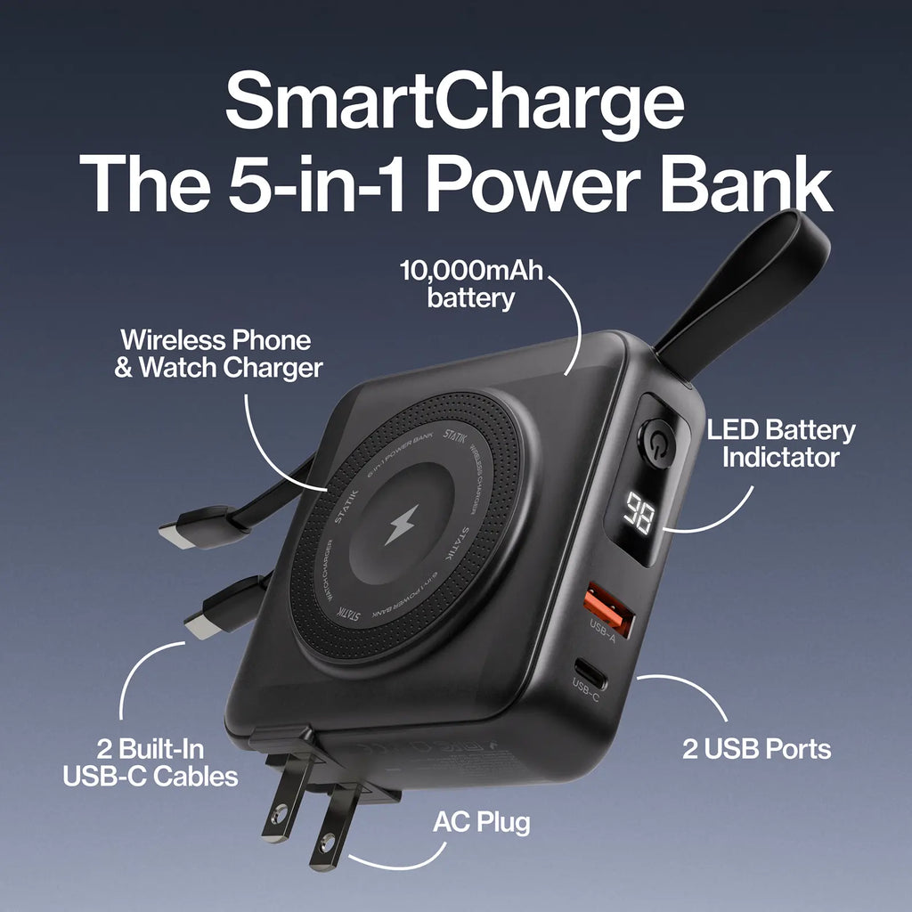 Smartcharge (Gen 2) | 5-In-1 Portable Power Bank | 10,000Mah Wireless Phone & Watch Charger | 2 Built-In USB-C Cables | AC Plug | Compact Travel Charger