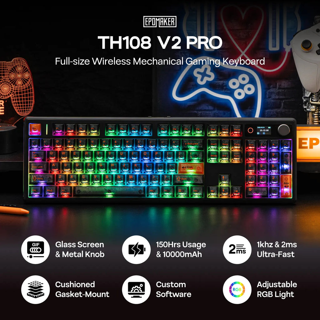 EPOMAKER TH108 V2 PRO Full Size Mechanical Keyboard with Screen & Knob, 10000Mah, Bt/2.4Ghz, Mac Modifier PBT Keycap, Hot Swap, RGB Light, 5-Padding Gasket, Wireless Gaming Keyboard for Mac/Pc