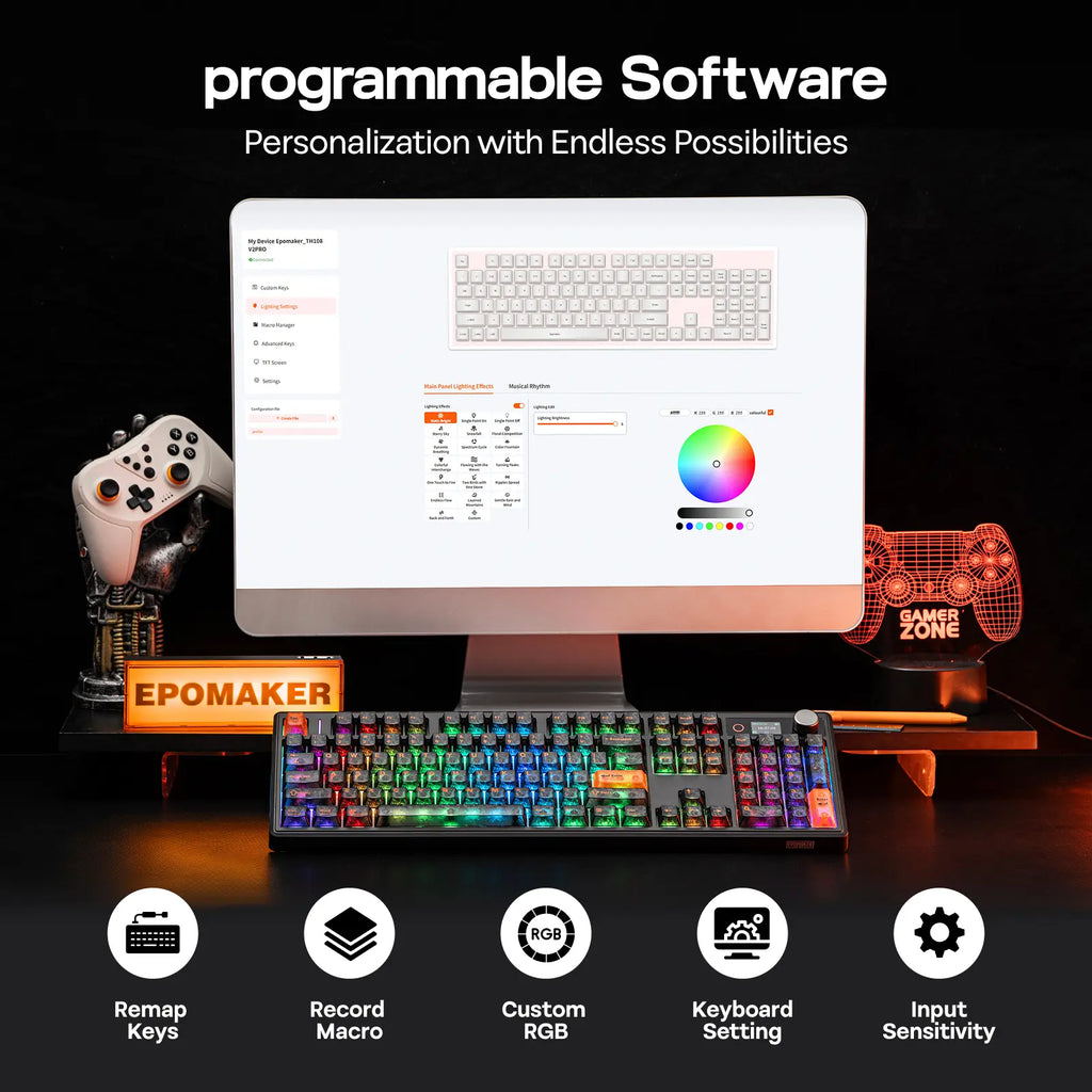 EPOMAKER TH108 V2 PRO Full Size Mechanical Keyboard with Screen & Knob, 10000Mah, Bt/2.4Ghz, Mac Modifier PBT Keycap, Hot Swap, RGB Light, 5-Padding Gasket, Wireless Gaming Keyboard for Mac/Pc