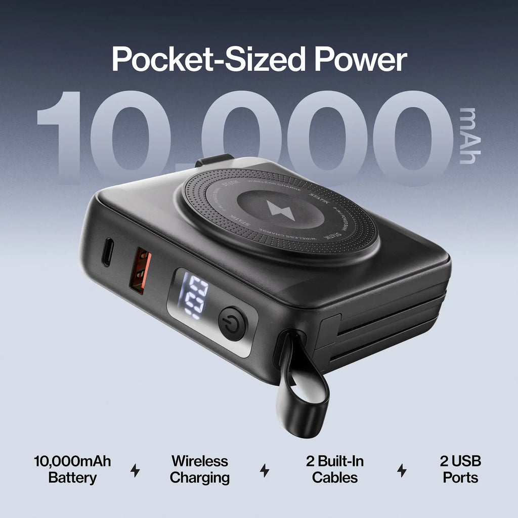 Smartcharge (Gen 2) | 5-In-1 Portable Power Bank | 10,000Mah Wireless Phone & Watch Charger | 2 Built-In USB-C Cables | AC Plug | Compact Travel Charger